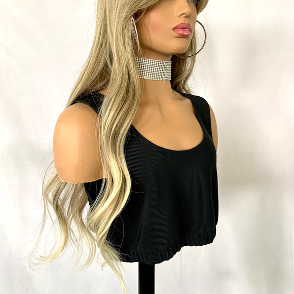 Long Ash Blonde Curling Iron Safe Fiber Wig with Bangs/Effortless Style - Picture 7 of 15